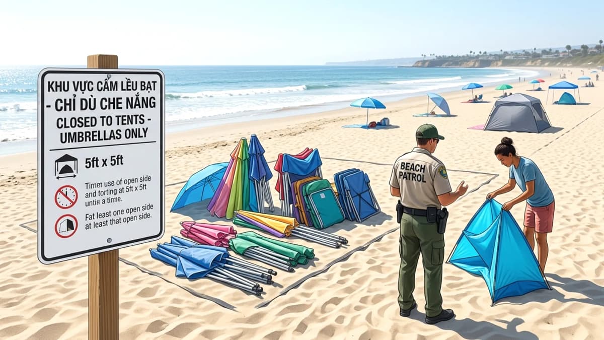 Các thành phố biển California siết chặt quy định về lều bạt, dù che nắng